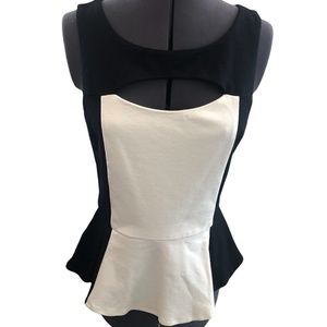 Boston Proper peplum top, size 8, Rayon spandex, sleeveless, black and white